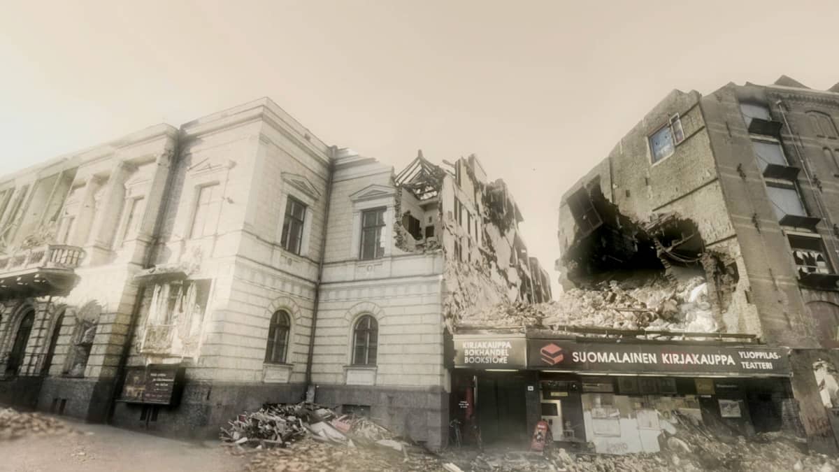 Virtuaalitodellisuusmaisema tuhoutuneesta Helsingistä.