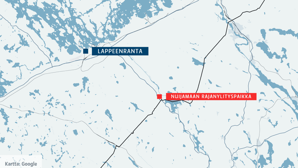 Kartta, johon merkitty Lappeenranta ja Nuijamaan rajanylityspaikka.