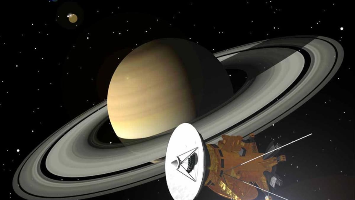 Piirroskuva luotaimesta lähestymässä Saturnusta. 