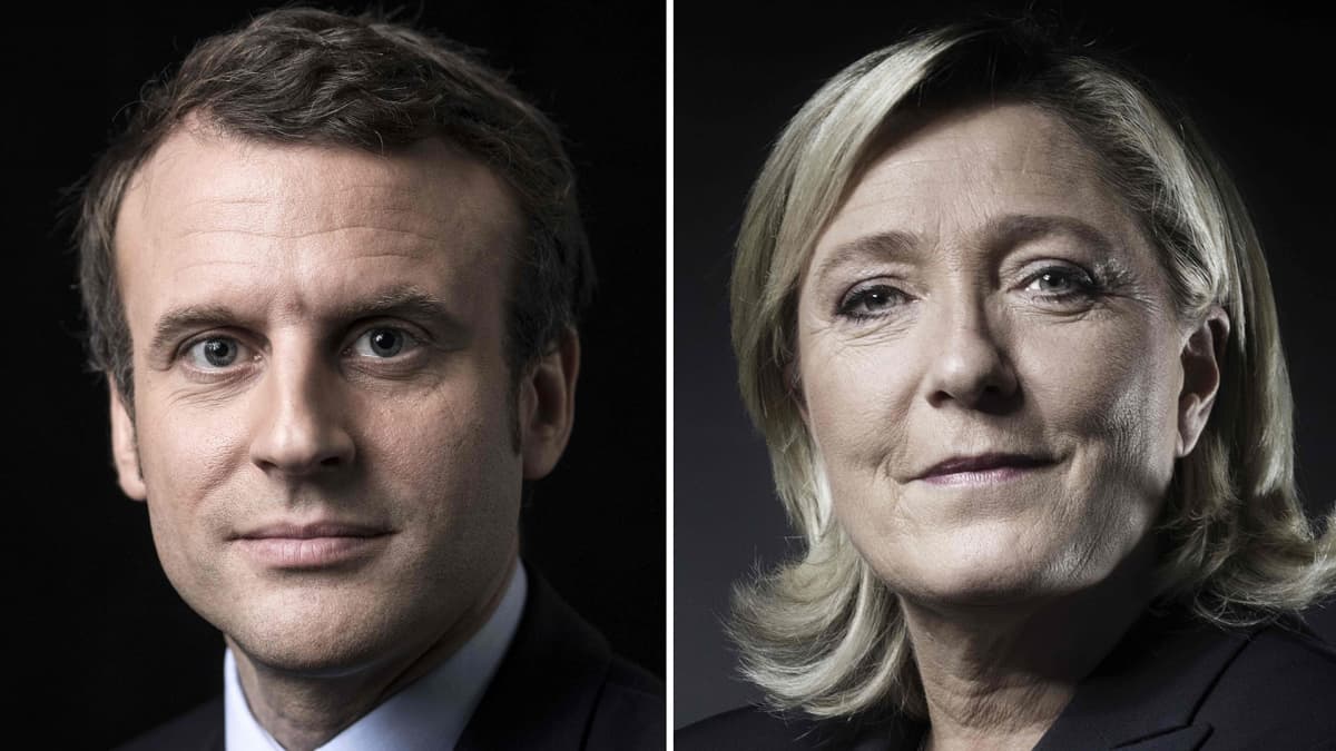 Kuvakollaasi, jossa vasemmalla Emmanuel Macron ja oikealla Marine Le Pen.