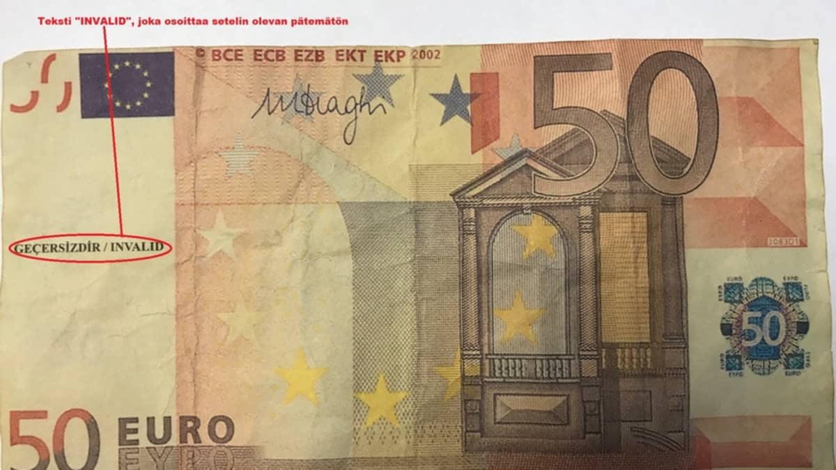 50 euron näyteseteli, jossa on merkintä sen kelpaamattomuudesta maksuvälineeksi.