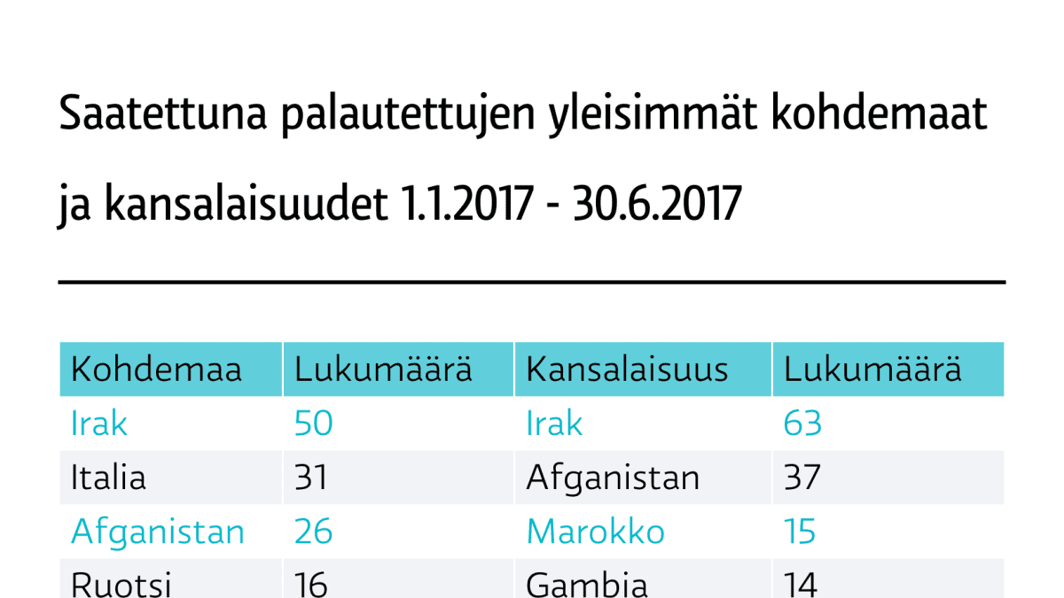 Saatettuna palautettujen yleisimmät kohdemaat ja kansalaisuudet 1.1.2017 - 30.6.2017.
