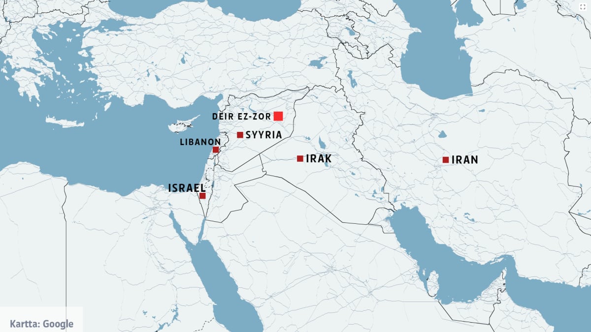 Kartta, johon on merkitty maat Iran, Irak, Israel, Libanon ja Syyria. 