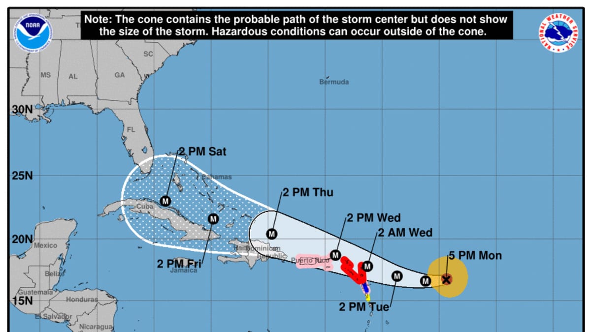 Yhdysvaltain hurrikaanikeskus NHC:n kartta näyttää hurrikaani Irman todennäköisen reitin lauantaihin saakka.