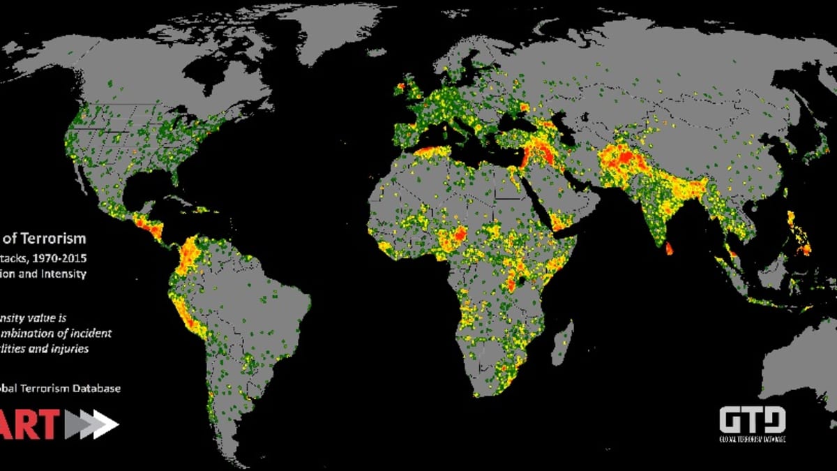 Maailmankartta, jonka värit eli vihreä, keltainen ja punainen kertovat, missä on tehty terrori-iskuja.