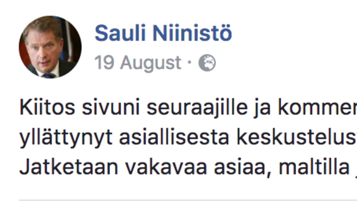 Sauli Niinistön Facebookpäivitys 19.8.2017.