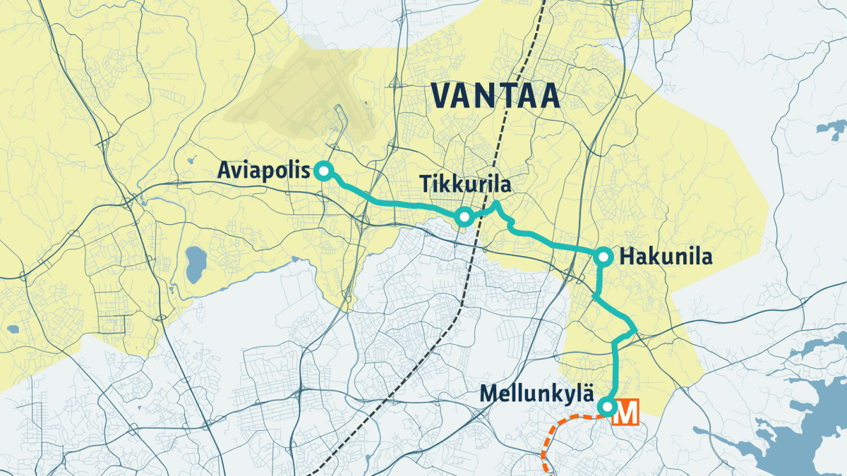 Kartta: Vantaalle suunniteltu pikaraitiotielinja.