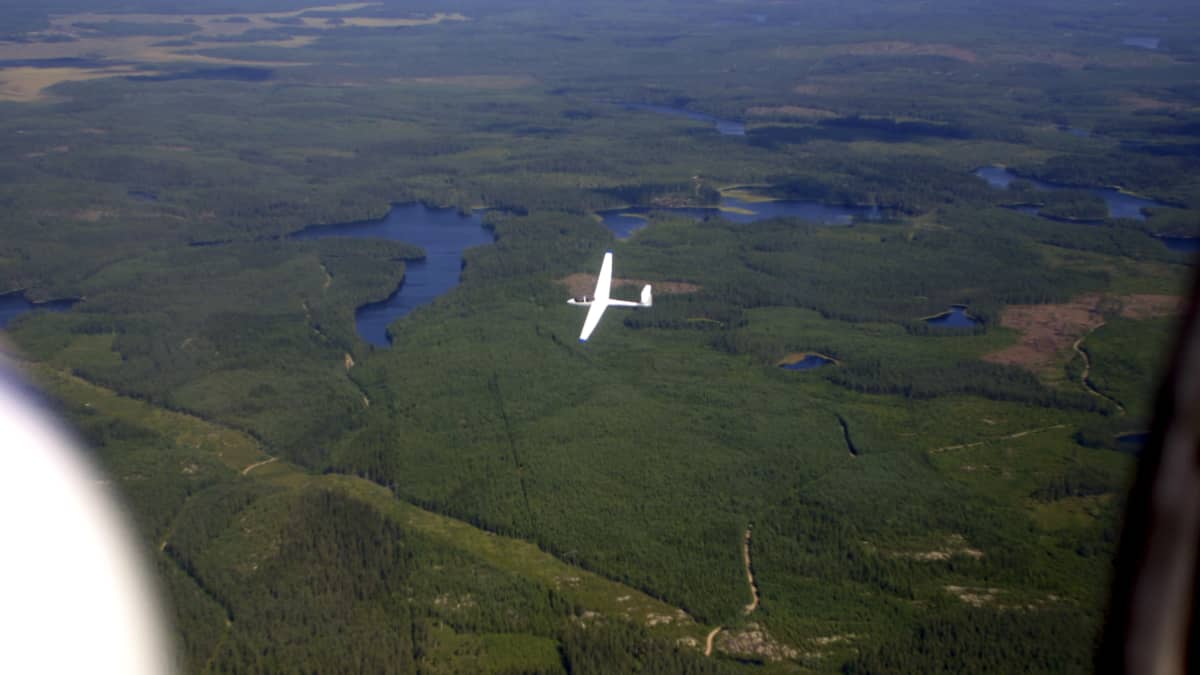 ilmakuva, jossa purjelentokone lentää metsien ja järvien yllä.
