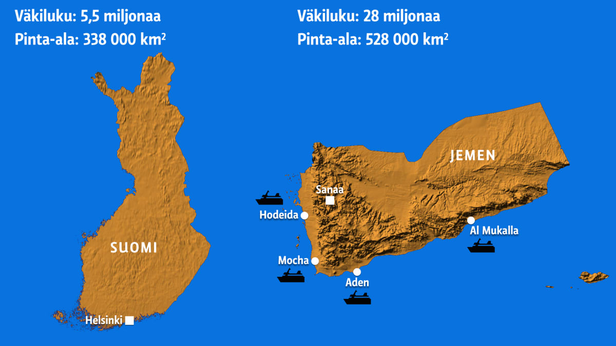 Suomen ja Jemenin kartat vierekkäin.