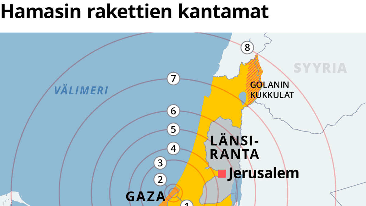 Kartalla Gazasta ammuttujen ohjusten kantamat. 