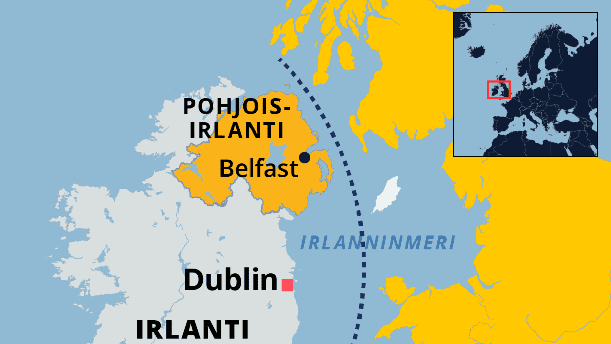 Kartta Pohjois-Irlannista ja Irlanninmerellä olevasta Irlannin ja Yhdistyneen kuningaskunnan välisestä merirajasta.
