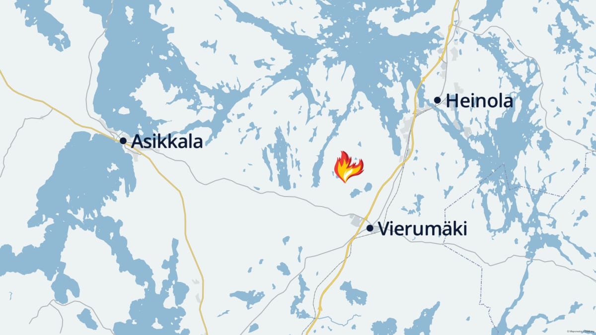 Kartta Värlammintien metsäpalosta Asikkalassa