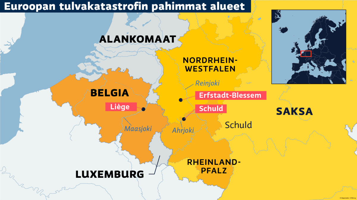 Saksan ja Belgian tulva-alueet kartalla.