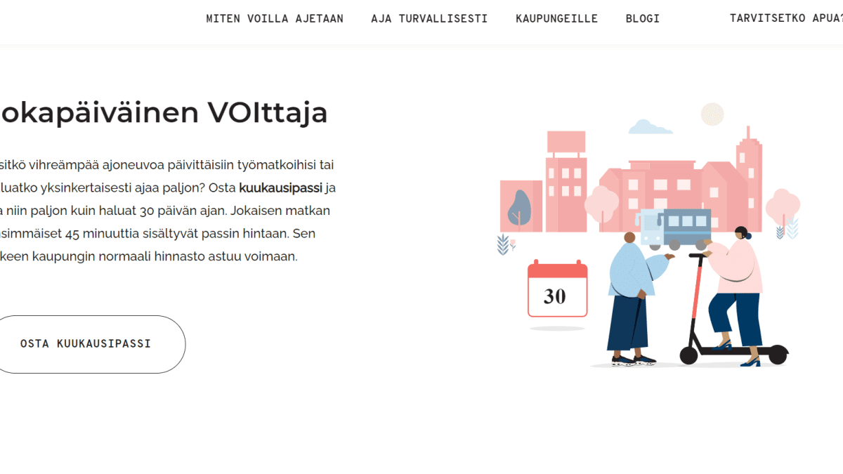 Kuvakaappaus Voi-sähköpotkulautojen vuokraajan sivuilta.