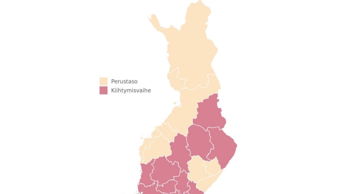 Kartta, johon on merkitty perustason ja kiihtymisvaiheen alueet. Perustasolla ovat Etelä-Karjalan, Etelä-Pohjanmaan, Etelä-Savon, Itä-Savon, Keski-Pohjanmaan, Lapin, LänsiPohjan, Pohjois-Pohjanmaan ja Vaasan sairaanhoitopiirit sekä Ahvenanmaan maakunta.