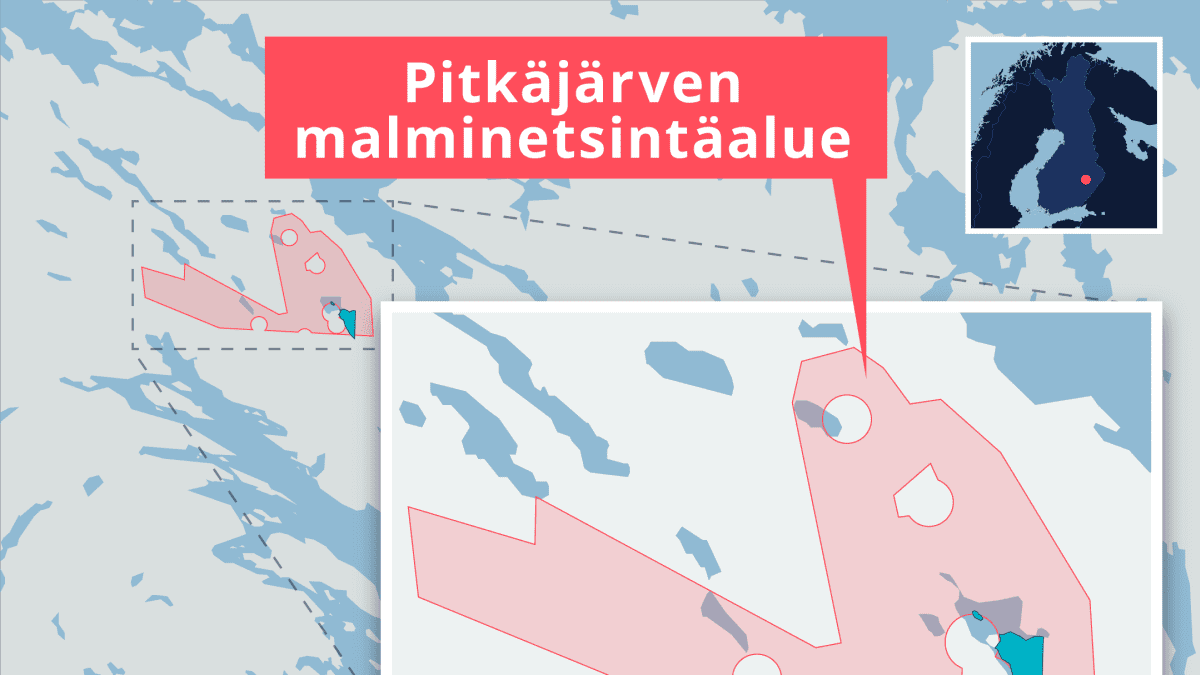Kartta Pitkäjärven malminetsintäalueen ja Aitolammen luonnonsuojelualueen sijainnista Pohjois-Karjalan länsirajalla. Lähde: Tukes, Maanmittauslaitos / Etelä-Savon ely-keskus.