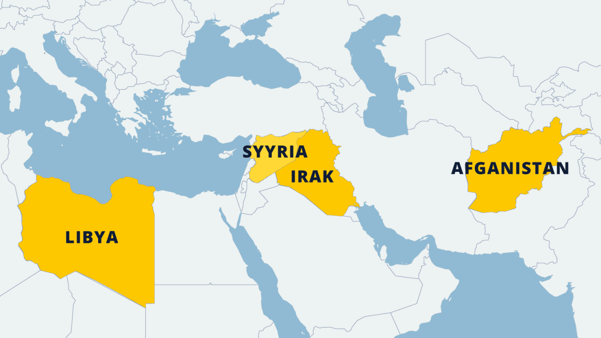 Kartta johon on merkitty Libya, Syyria, Irak ja Afganistan.
