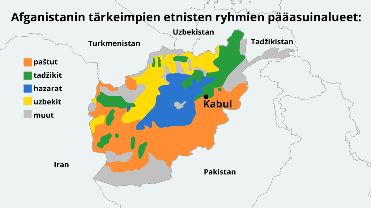 Kartta Afganistanin etnisistä ryhmien asuinalueista.