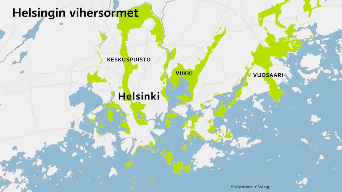 Kartta Helsingin Vihersormi-viheralueista.