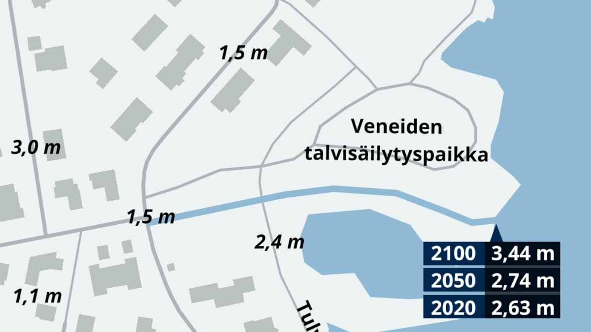 Karttakuva Marjaniemen alueen turvallisesta rakennuskorkeudesta ja maan korkeudesta.