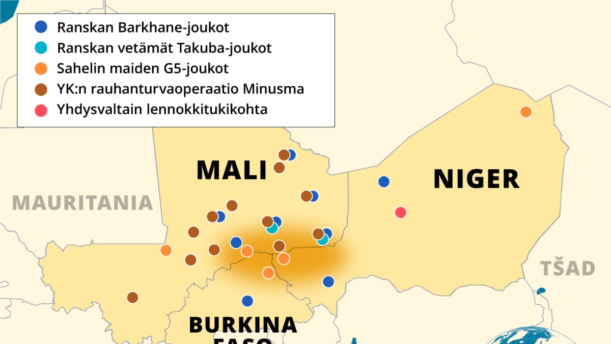 Kartalla Mali, Burkina Faso ja Niger ja eri sotilasoperaatioiden tukikohtia