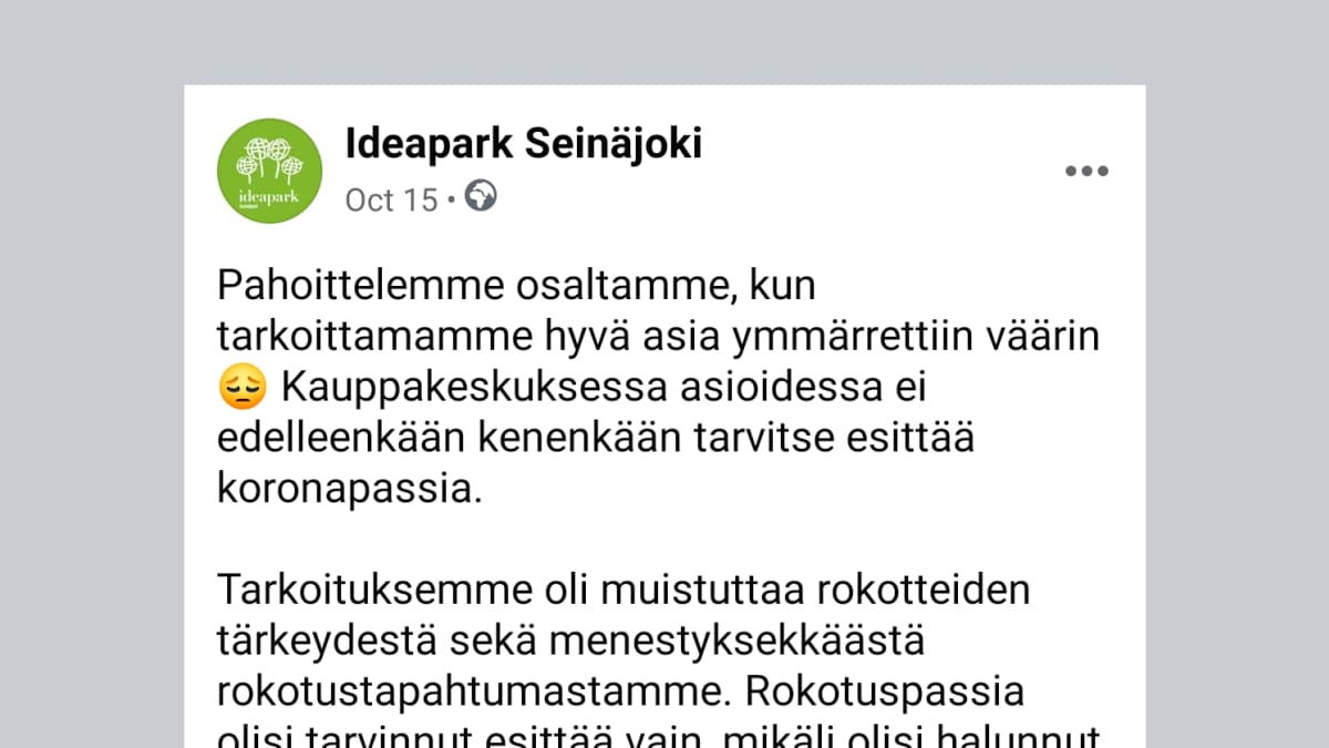 Kuvakaappaus Ideapark Seinäjoen Facebook postauksesta.