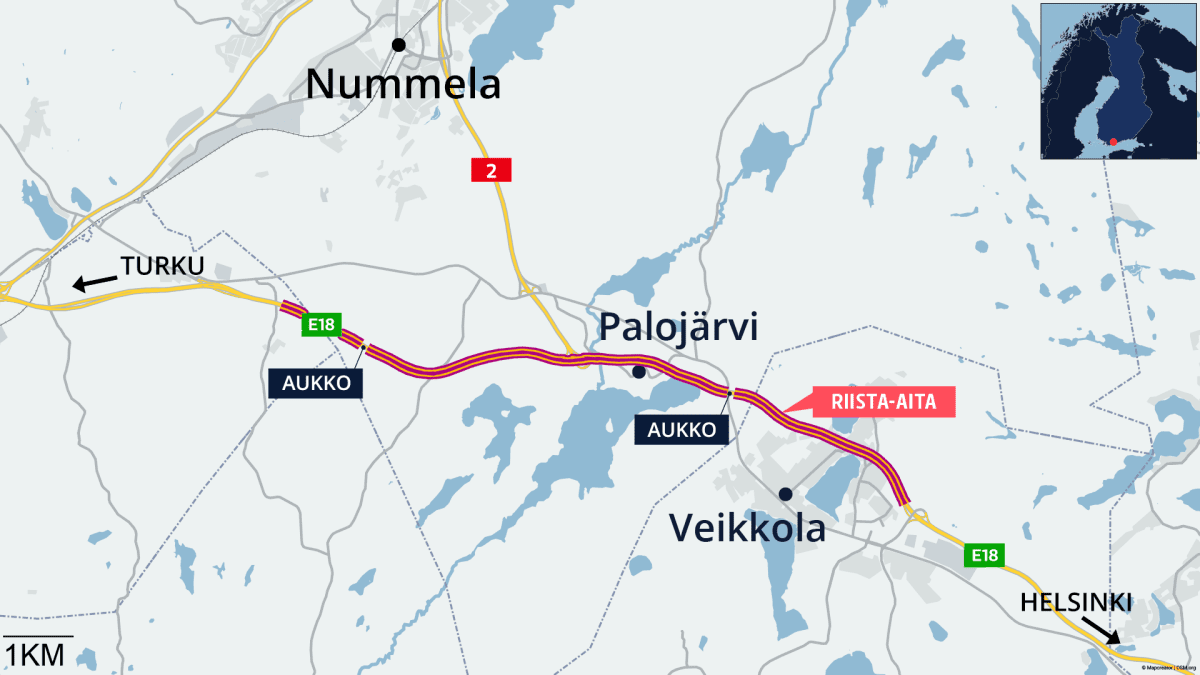 Kartta riista-aidan sijainnista Nummelan Palojärven kohdalla.