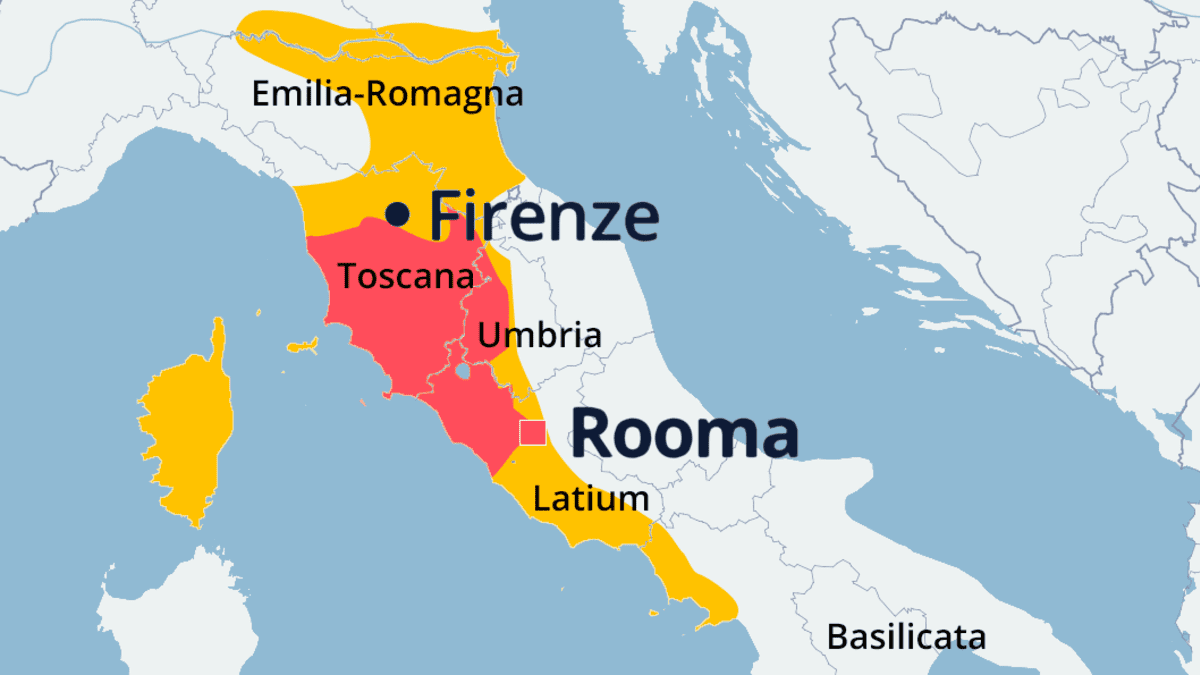 Kartta etruskien Etruriasta ja etruskialueiden laajenemisesta. Etruria oli Firenzen ja Rooman välissä.