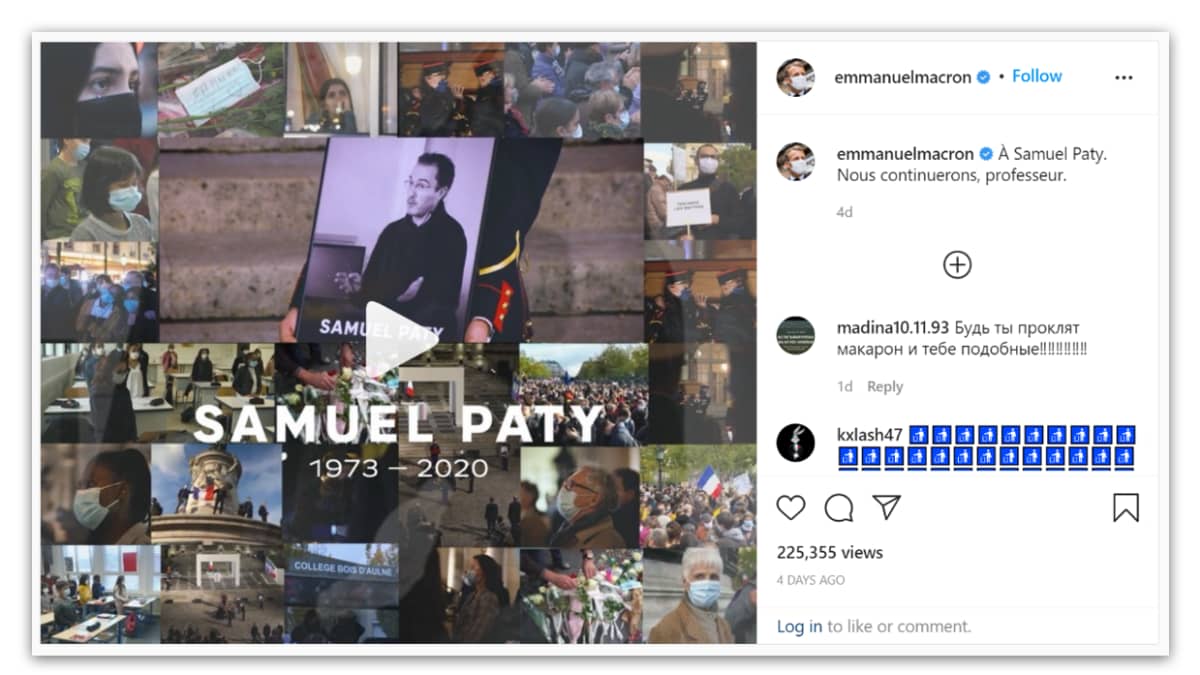 Macronin Instagram-päivitys Samuel Patyn muistolle.