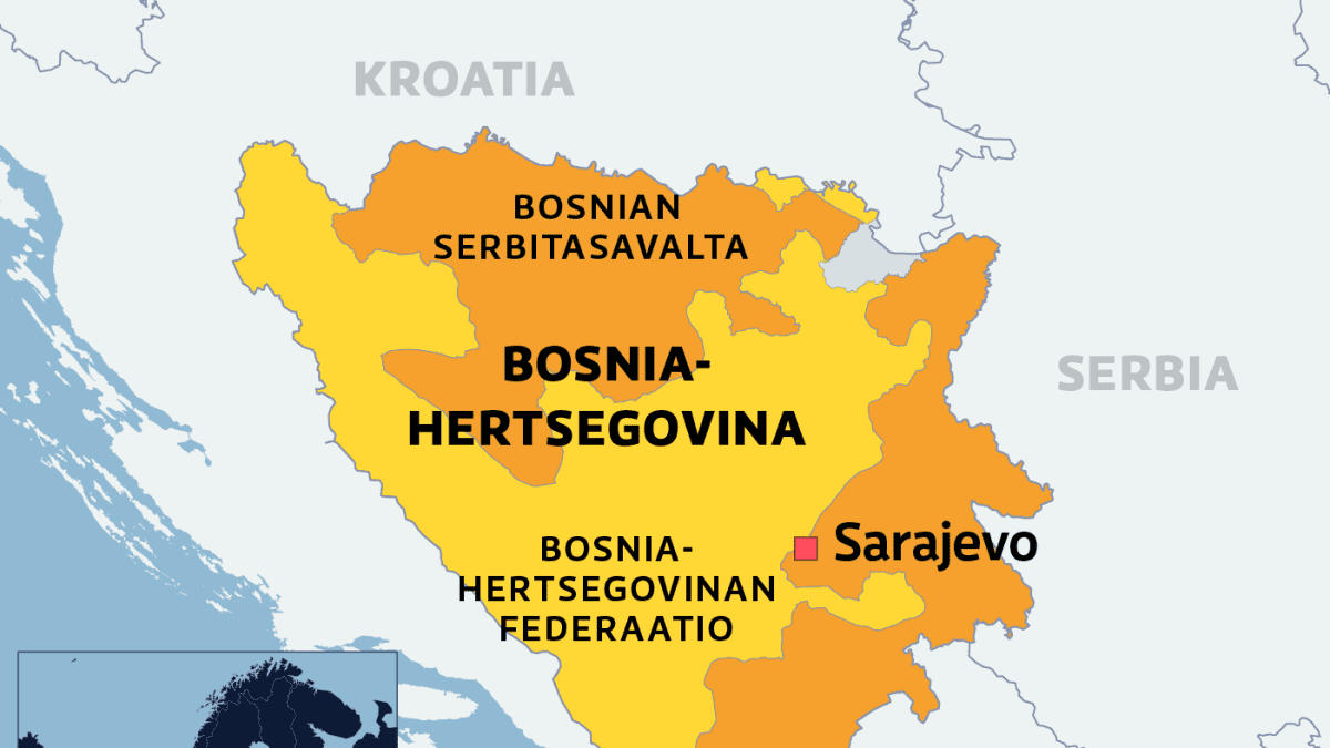 Kartalla Bosnia-Hertsegovinan poliittisista alueista Bosnian serbitasavalta ja Bosnia-Hertsegovinan federaatio.