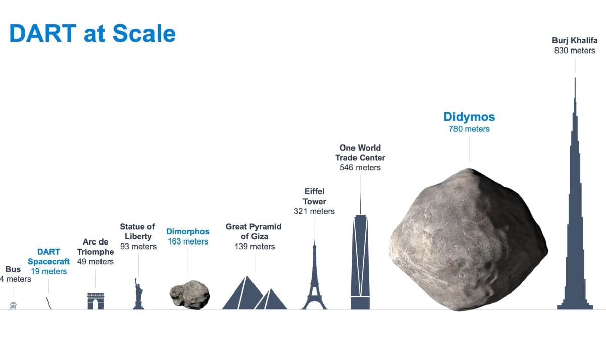 Havainnekuvassa asteroidien koko suhteutettuna rakennuksiin