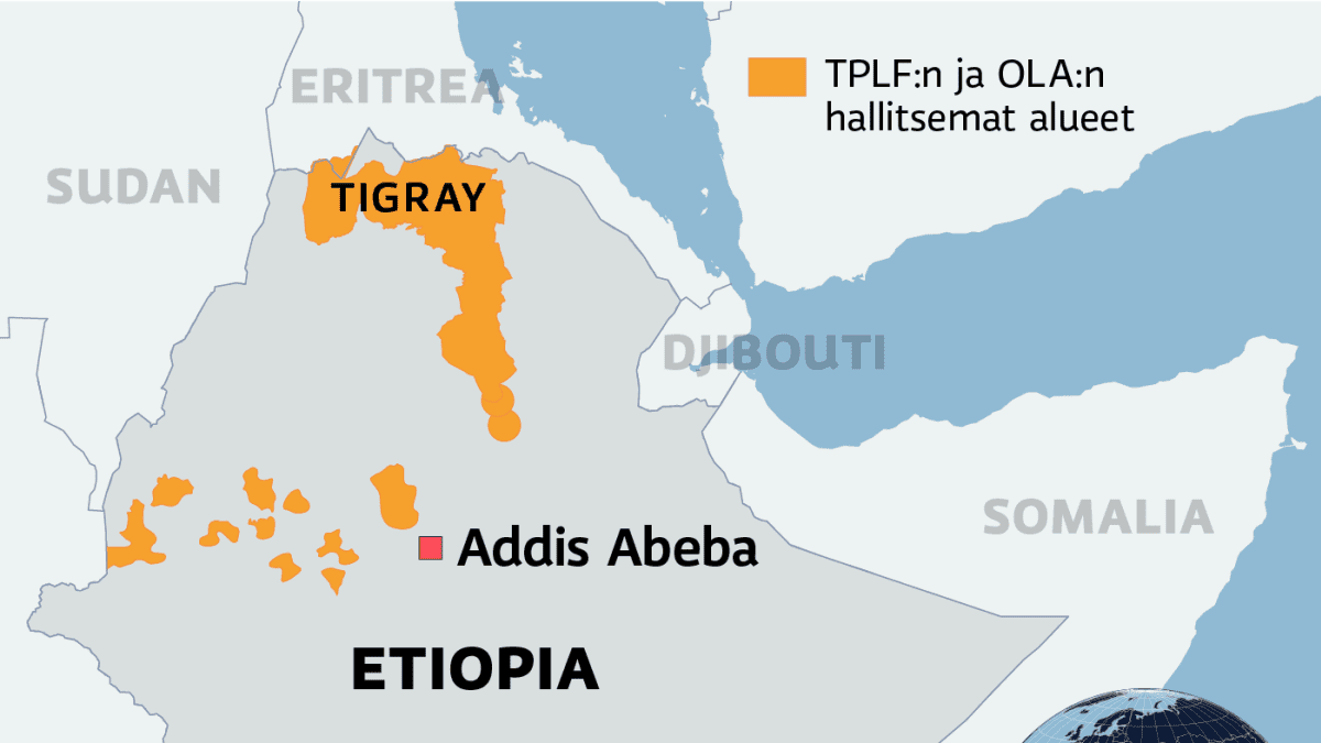 Kartalla TPLF:n ja OLA:n hallitsemat alueet Etiopiassa.