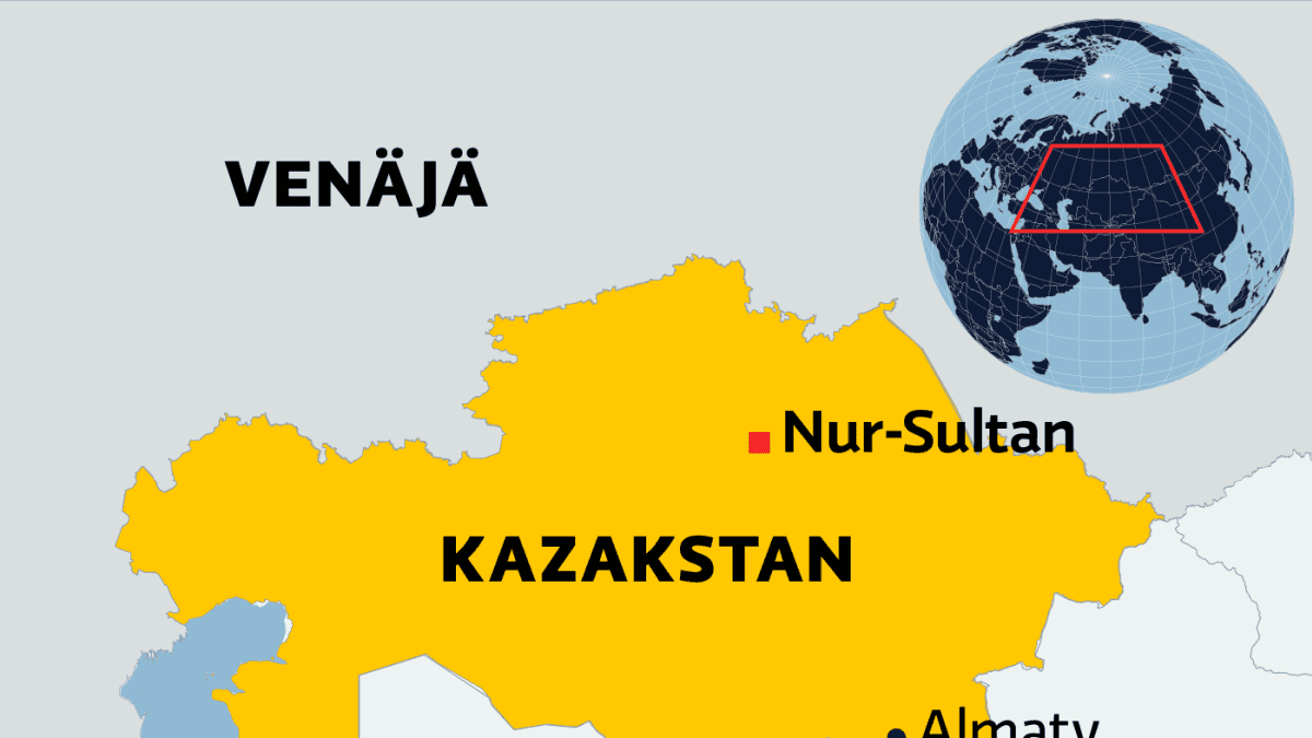 Kartalla Kazakstanin pääkaupunki Nur-Sultan ja eteläinen kaupunki Almaty.