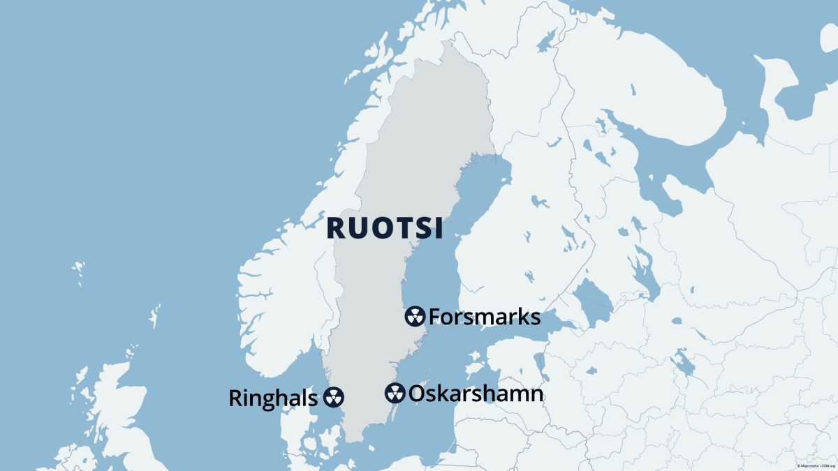 Kartta Ruotsin kolmesta ydinvoimalasta.
