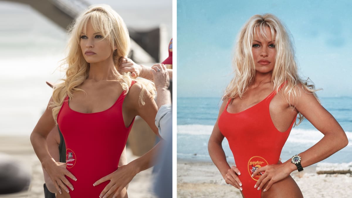 Lily James roolissaan Pamelana sekä Pamela Anderson Baywatch uima-asussaan.