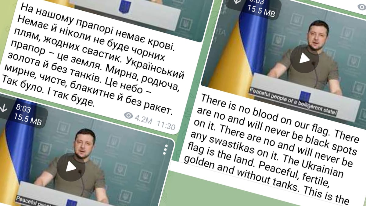 Kuvakaappaukset Ukrainan presidentti Volodmyr Zelenskyin Telegram-tilistä 7.3.2022.
