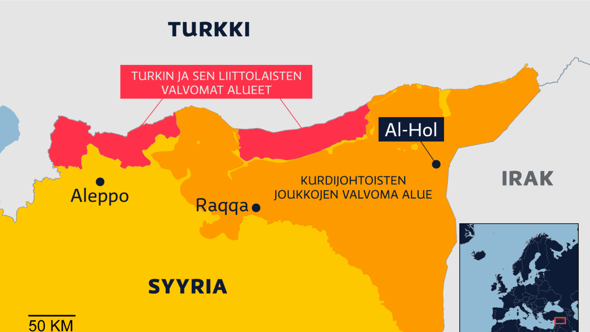 Kartta Syyrian pohjois-osan kartasta. Kartalle merkattu Kurdijohtoisten ja Turkin sekä sen liittolaisten valvomat alueet Pohjois-Syyriassa.  Lisäksi kartalle merkattu Al-Holin sijainti sekä Raqqan ja Aleppon kaupungit. 
