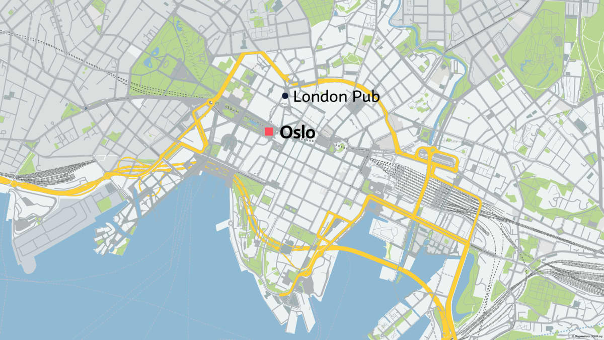 Kartta Oslon keskustasta, johon merkitty London Pub.