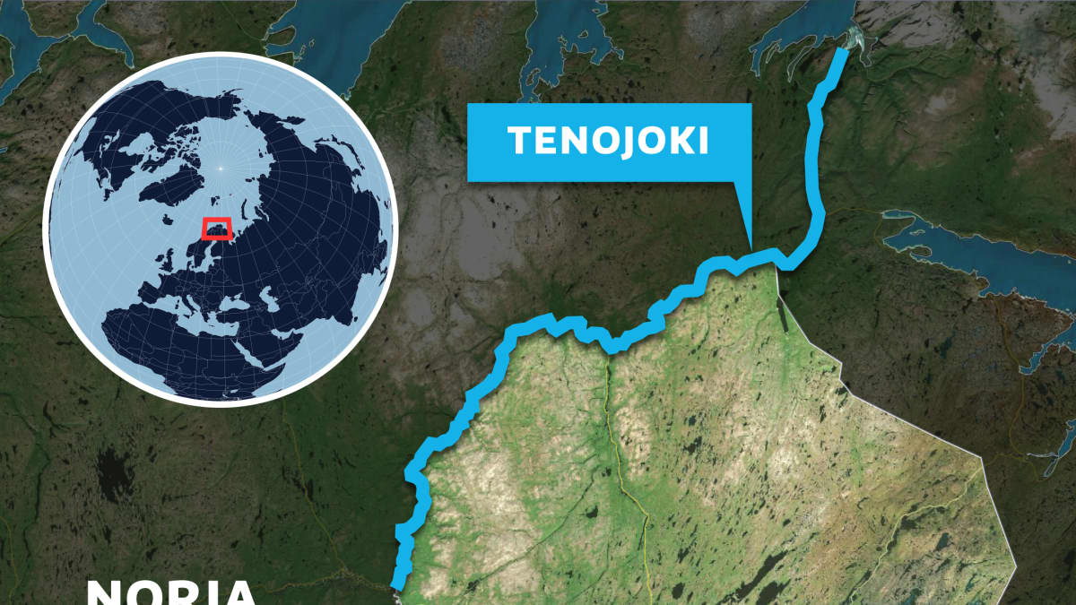 Kartta Tenojoen sijainnista pohjoisessa Norjan ja Suomen rajalla.
