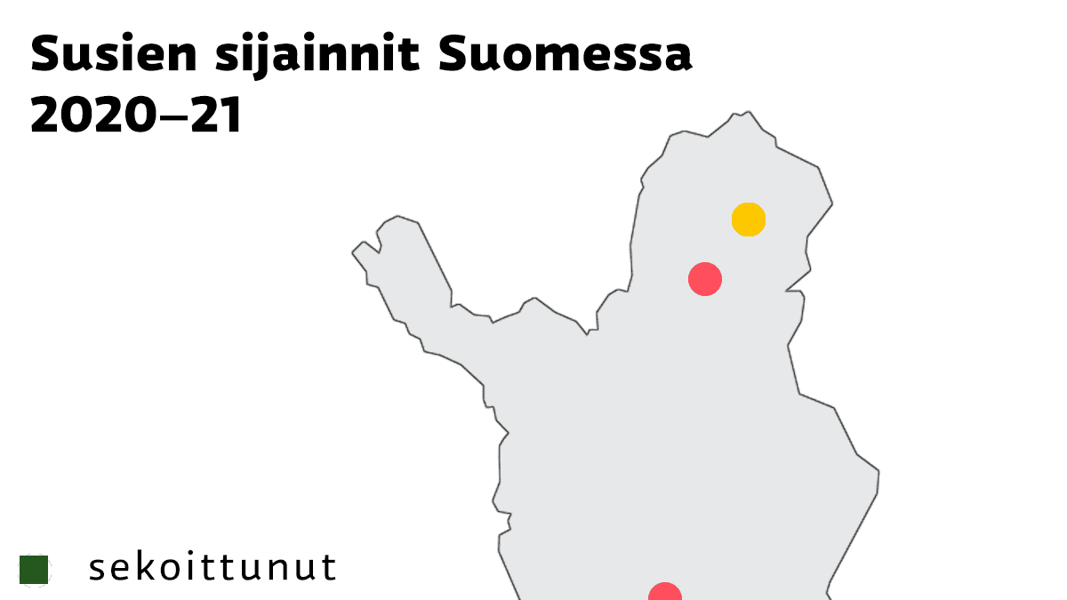Eri osapopulaatioista peräisin olevien susiyksilöiden sijainnit Suomessa  -kartta.
