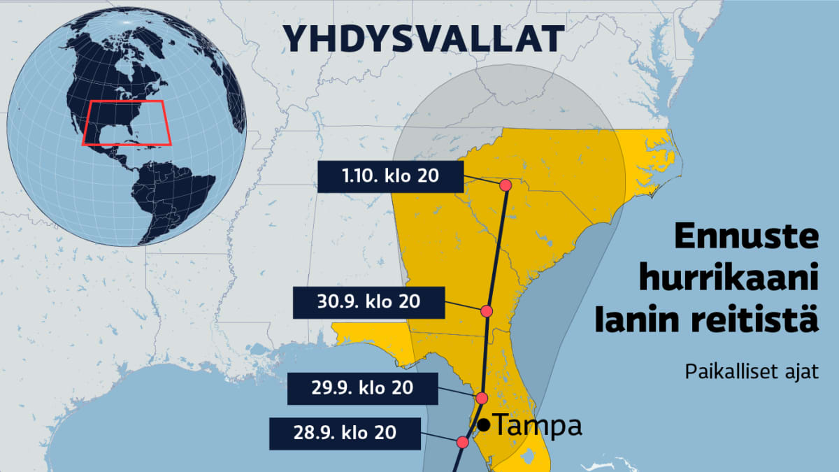 Kartalla ennuste hurrikaani Ianin reitistä Yhdysvaltain kaakkoisrannikolla.