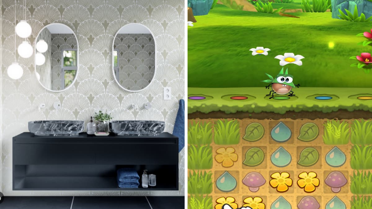Kahden kuvan yhdistelmä, jossa toisessa näkyy kuvakaappaukset peleistä, joista toisessa näkyy siisti kylpyhuone ja toisessa vihreä otus vehreässä maisemassa allaan läpileikkaus maan alle, jossa näkyy kasvisymboleita.