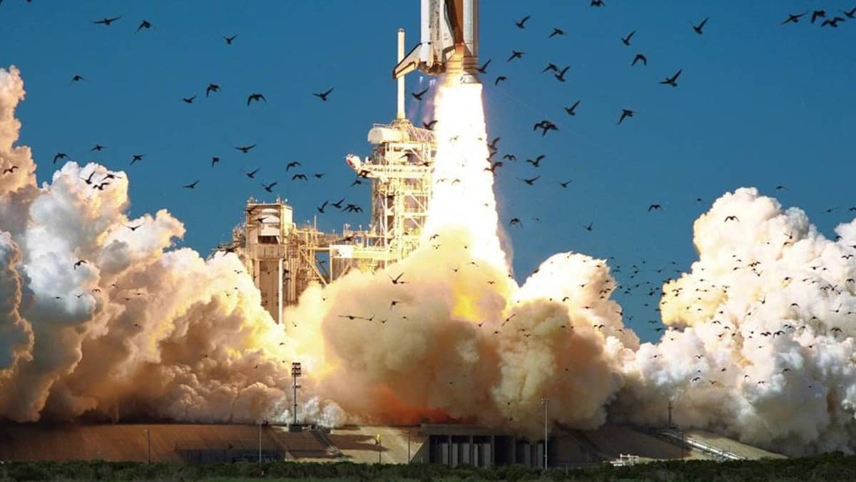 Challenger-sukkula irtaantuu maasta kantoraketin kyydissä. Peästä tupruaa sankkaa savua. Taivaalla parvelelee lintuja.  