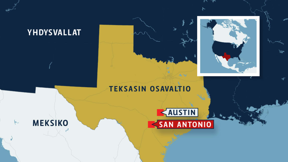 Kartta, josta näkyy Teksasin osavaltion sijainti Yhdysvalloissa sekä San Antonion ja Austinin kaupungin sijainti.