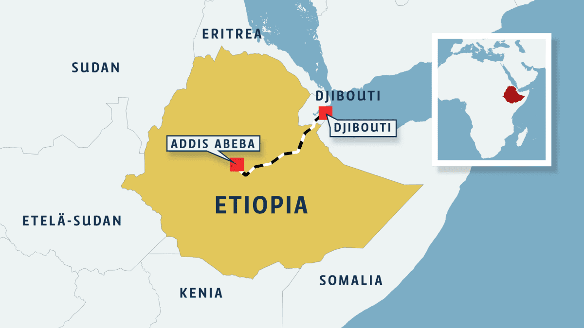 Etiopian kartta Etiopian viennille elintärkeä rautatie Addis Abebasta Djiboutiin avattiin virallisesti tämän vuoden alussa.