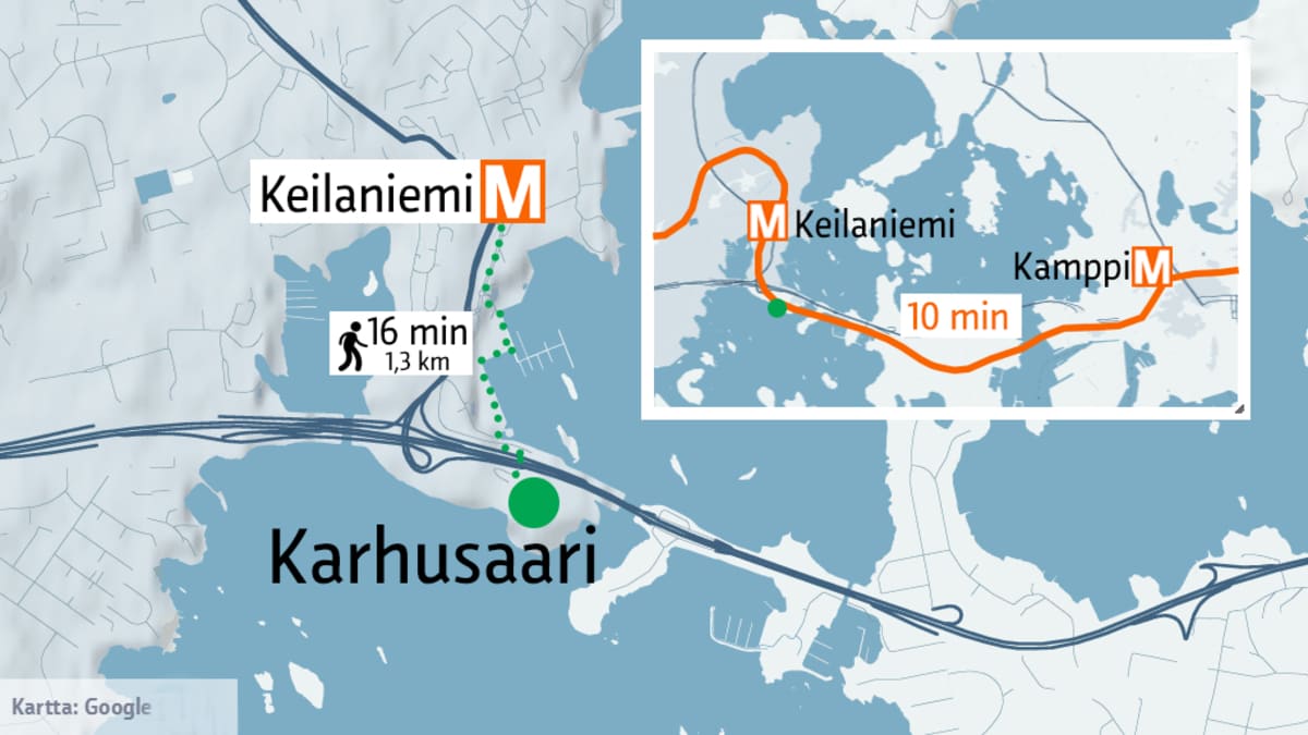 Kamppi-Keilaniemi-Karhusaari kartta.