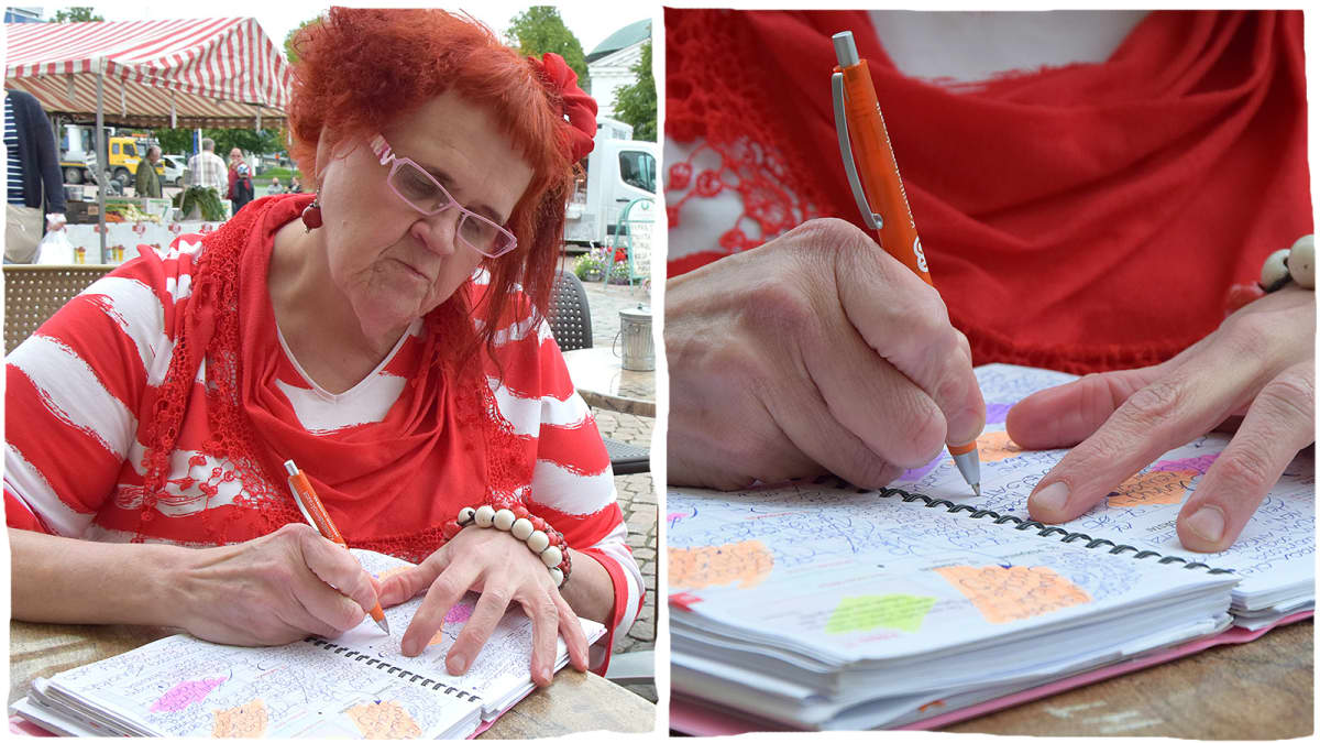 Kaksiosainen kuva, jossa nainen kirjoittaa toripöydän ääressä, ja vieressä lähikuva kirjoittamisesta