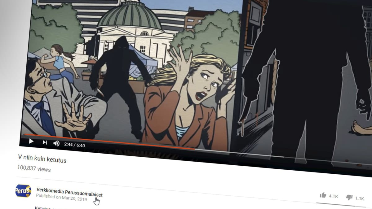  Youtubesta otettu kuvakaappaus, jossa näkyy pysäytyskuva perussuomalaisten eduskuntavaalikampanjavideosta (V niin kuin ketutus).