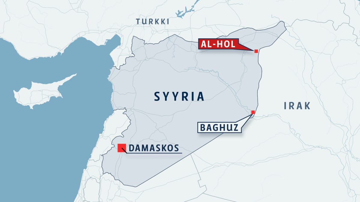 Syyrian kartta, johon on merkitty Al-Hol, Baghuz ja Damaskos.