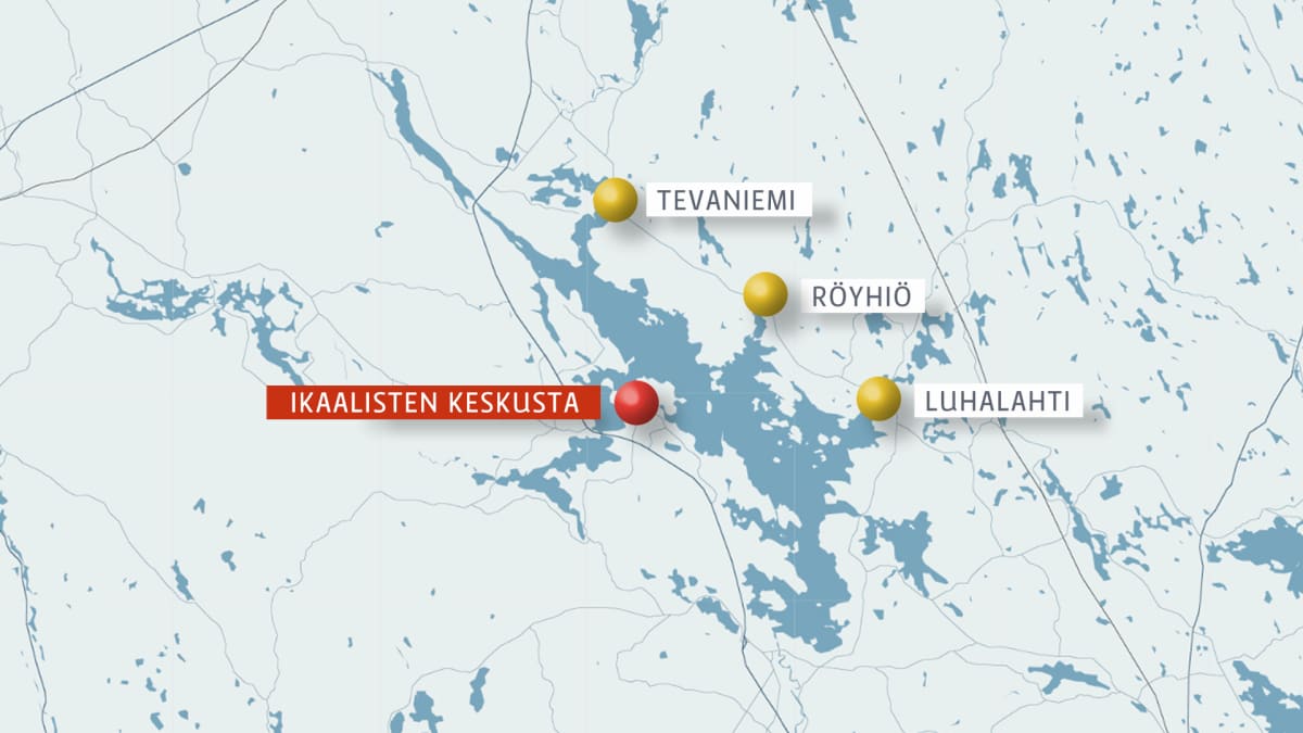 Kartta, jossa on Kyrösjärvi. Sen Länsireunalla on Ikaalisten keskusta ja itäpuolella Tevaniemi, Röyhiö ja Luhalahti. 